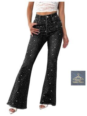 Women's Rhinestone Jeans Bootcut Flare High Waist Sparkle Sequin Ripped Stretch